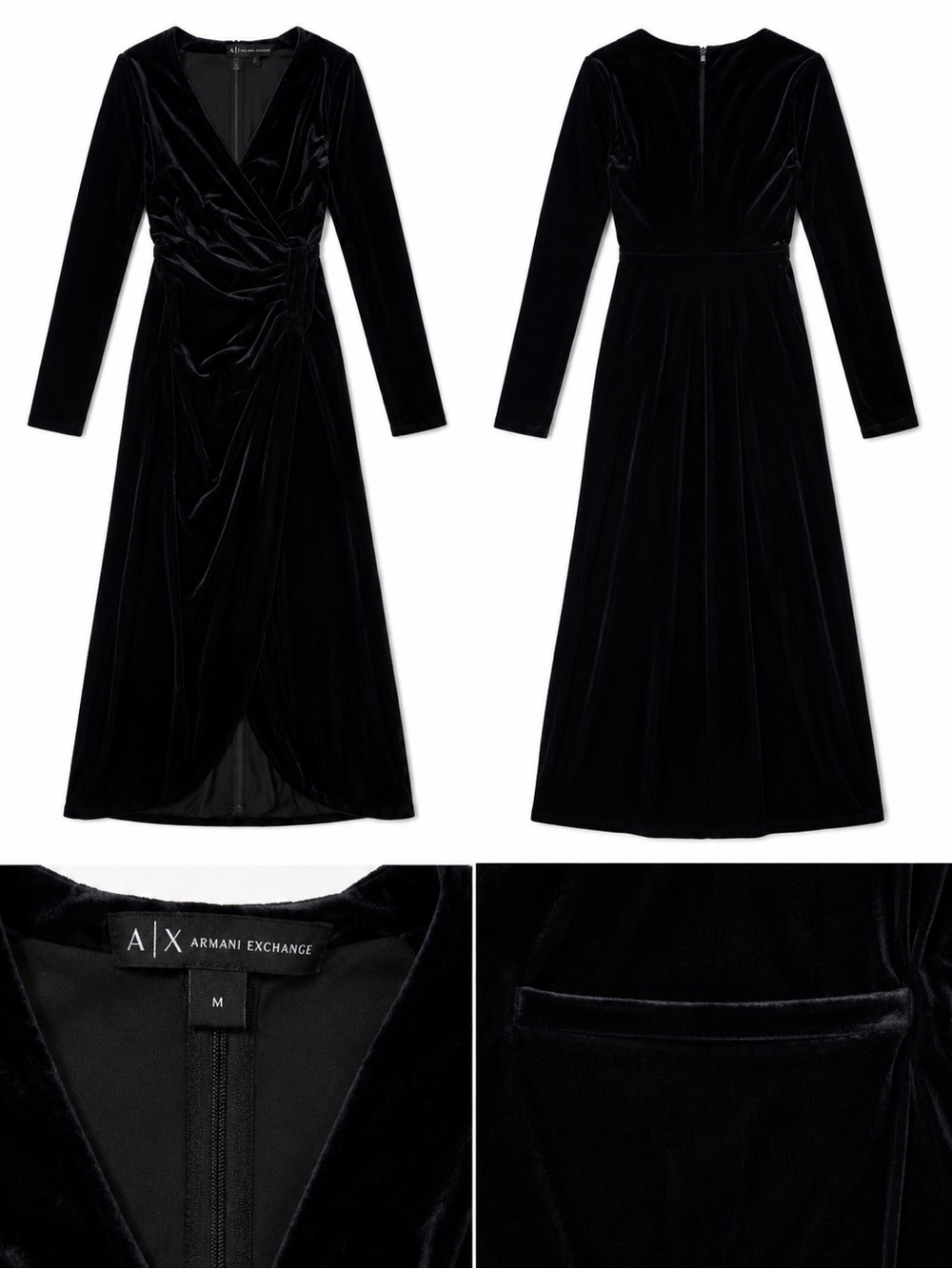 Armani Exchange Black Velvet Long Sleeve Wrap Dress